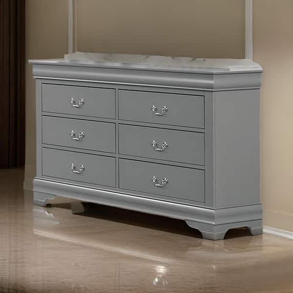 Gray and Nickel 6-Drawer 58.5 in. Dresser Without Mirror