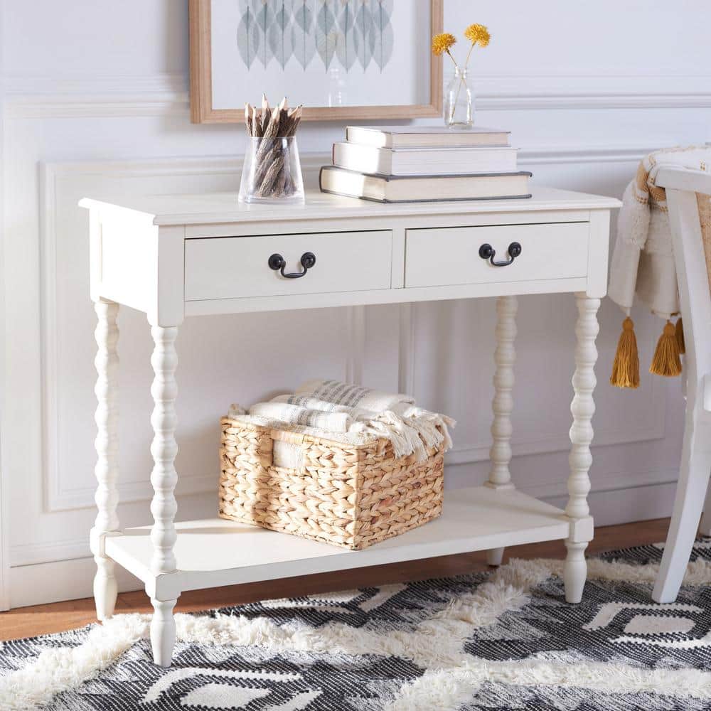 Athena Distressed White Wood 2-Drawer Hallway Table