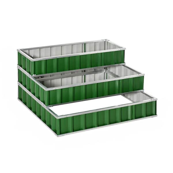 46.50 in. x 46.5 in. x  24.5 in. Green Steel Square Outdoor 3-Tier Planter Raised Beds with Pair of Gloves