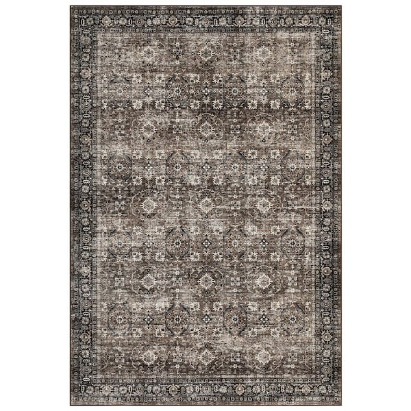 Traditional Floral Rug Low Pile Non Slip Thin Carpet Soft Foldable Indoor Carpet for Bedroom Office Brown，5X7ft