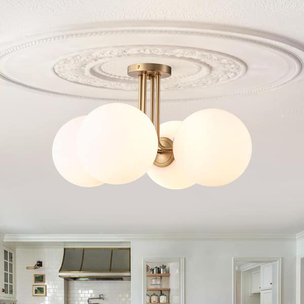 EDISLIVE Lueck 23.5 in. 4-Light Modern Sputnik Gold Semi Flush Mount with Globe White Glass
