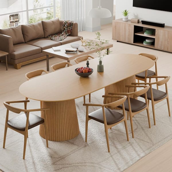 Oval Natural Wooden Solid Wood 86 in. Double Pedestal Base Wood Dining Table (Seats 10)
