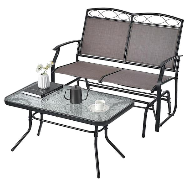 Costway 2-Pieces Metal Outdoor Loveseat Glider Glass Coffee Table Set Heavy-Duty Swing Rocking Chair