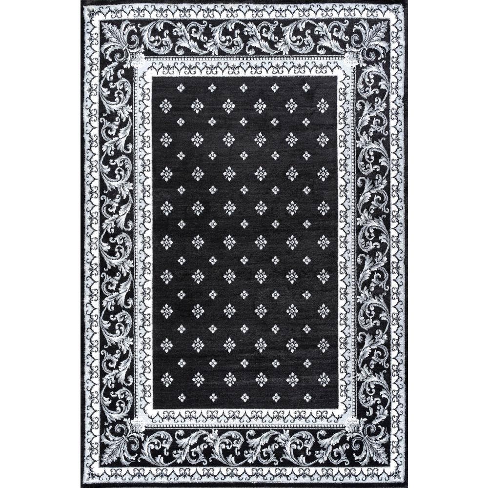 Black and Gray Synthetic Round French Border Area Rug