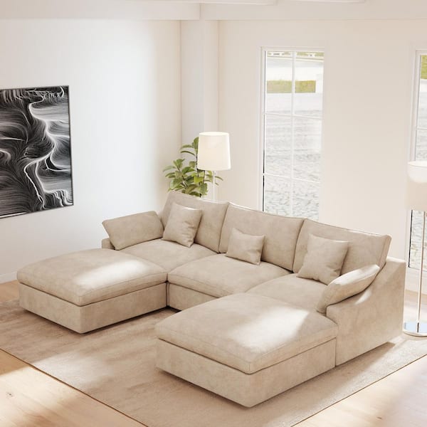 119.2 in. Square Arm 5-Piece Linen U-Shaped Down Feather Modular Free Combination Sectional Sofa with Ottoman in Brown