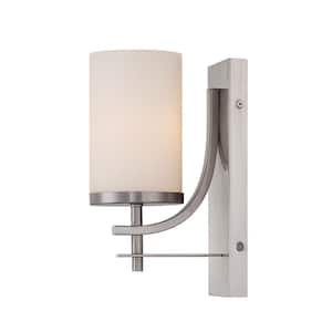 Colton 4.75 in. W x 10.12 in. H 1-Light Satin Nickel Wall Sconce with White Glass Cylindrical Shade