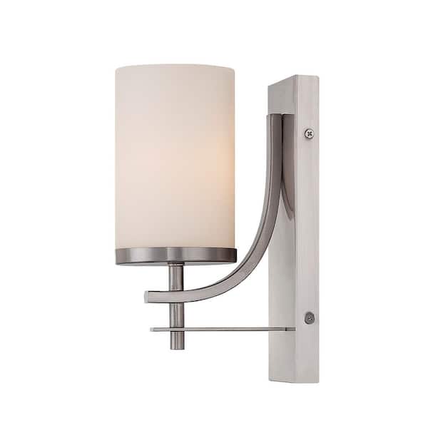 Savoy House Colton 4.75 in. W x 10.12 in. H 1-Light Satin Nickel Wall Sconce with White Glass Cylindrical Shade