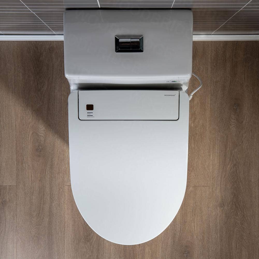 White Porcelain Elongated One-Piece Dual Flush Toilet with Smart Bidet
