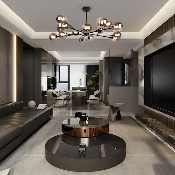 15-Light Metal Black Stupnik Modern Linear Chandelier with Smoked Glass Globle Shades