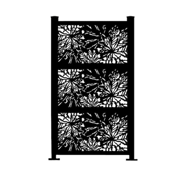 Ejoy 76 in. x 52 in. New Style Metal Art Laser Cut Metal Black Privacy Fence Screen, WideLeaves 2-Pole with 3-Panel Set