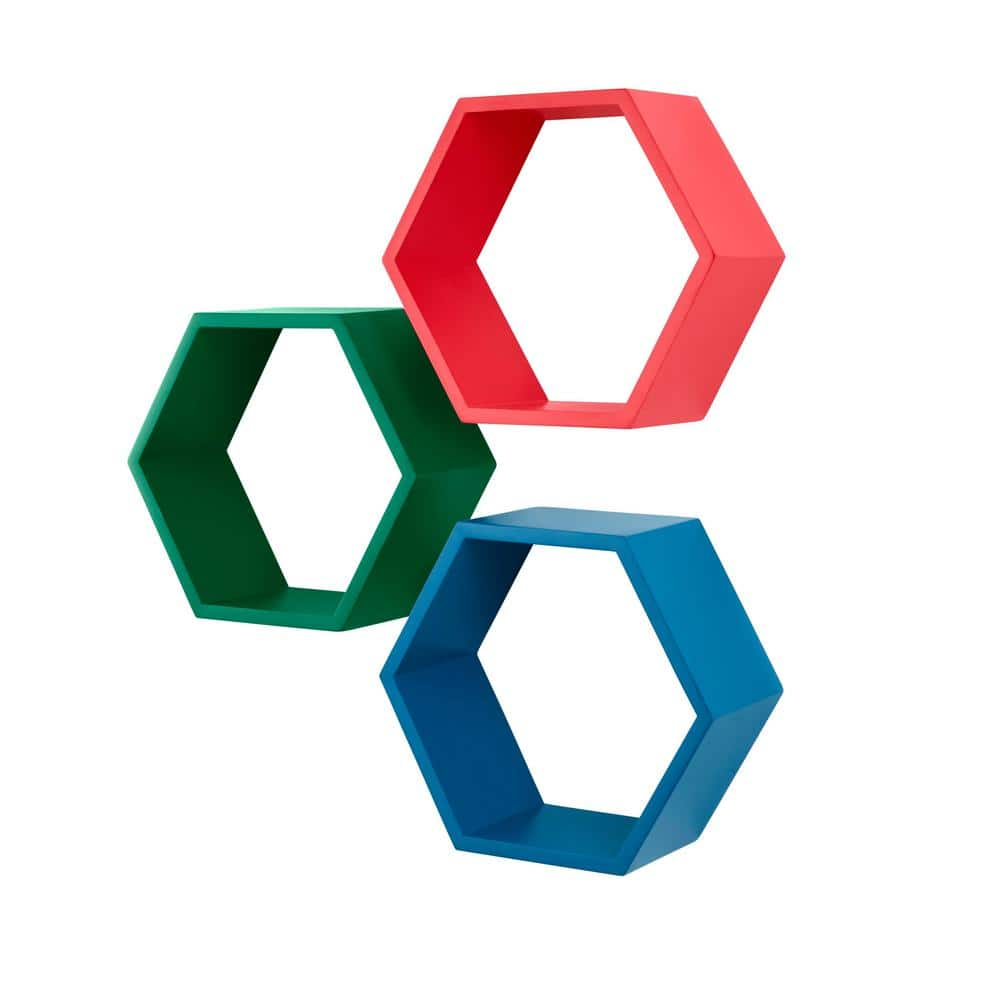 StyleWell Kids Hexagon Primary Colored Floating Wall Shelves (Set of 3 ...