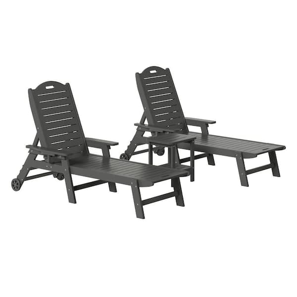 Brighton Outdoor Patio 3-Piece Poly Plastic Reclining Chaise Lounge Pool Chairs Set w/ Wheels, Side Table in Gray