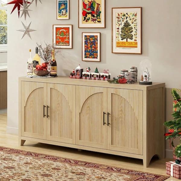 70 in. Modern Coastal Oak TV Stand Entertainment Center Fits TVs Up to 75 in. with 4-Arched Reeded Doors