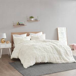 Leena 3-Piece Ivory Textured Shaggy Faux Fur Polyester Full/Queen Comforter Set