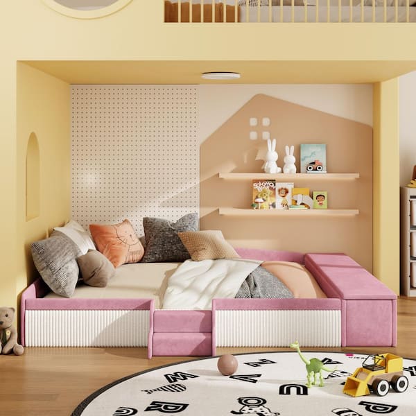 Velvet Pink and White Wood Frame King Size Low Profile Platform Bed with Storage Side Box and Small Staircase