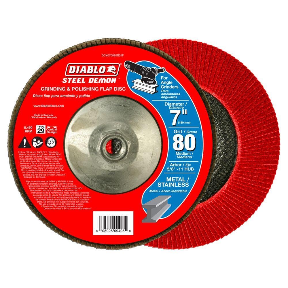 DIABLO 7 in. 80-Grit Steel Demon Grinding and Polishing Max-Flap Wheel with  5/8 in.-11 HUB and Type 29 Conical Design DCX070080B01F - The Home Depot