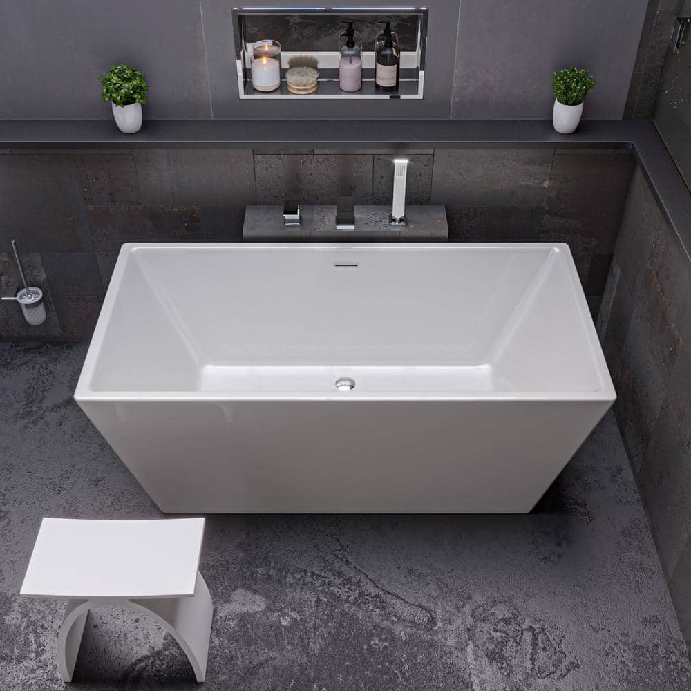 59'' White Rectangular Freestanding Acrylic Soaking Bathtub