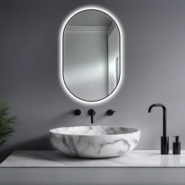 Olivia 20 in. W x 32 in. H Oval Aluminum Framed LED Wall Mount Bathroom Vanity Mirror with Dimmer and Defogger in Black