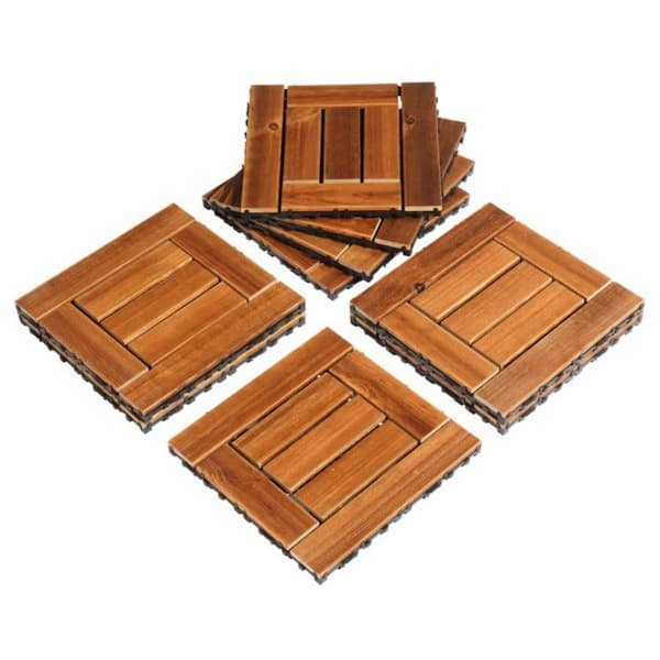 Cisvio 9-Wood Interlocking Deck Tiles 11.8 in. x 11.8 in. Outdoor Waterproof Floor Tile, Patio Wood Flooring