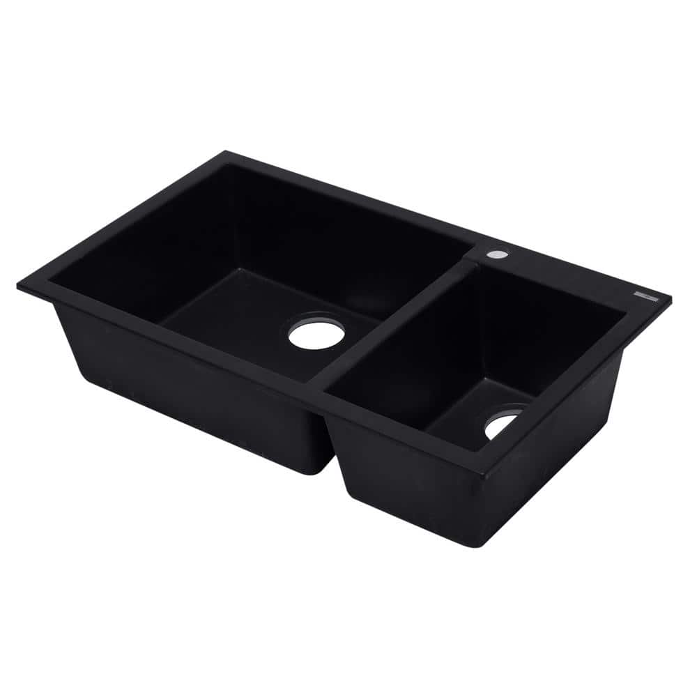 34'' Black Granite Double Bowl Drop-In Kitchen Sink