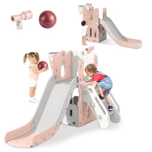 Geren 6 ft. Pink Gray 7-in-1 Toddler Slide L-Shaped Kids Slide Outdoor Indoor Slide Playset Toddler Playground