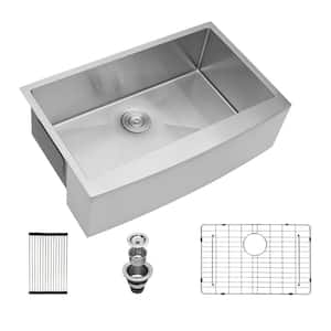30 in. Farmhouse/Apron Front Single Bowl 16 Gauge Stainless Steel Round Corner Kitchen Sink with Strainer