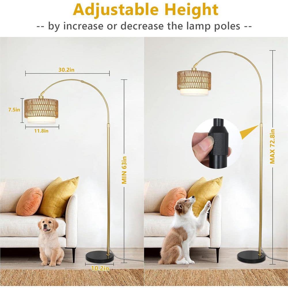 Gold Adjustable Arc Floor Lamp with Rattan Drum Shade