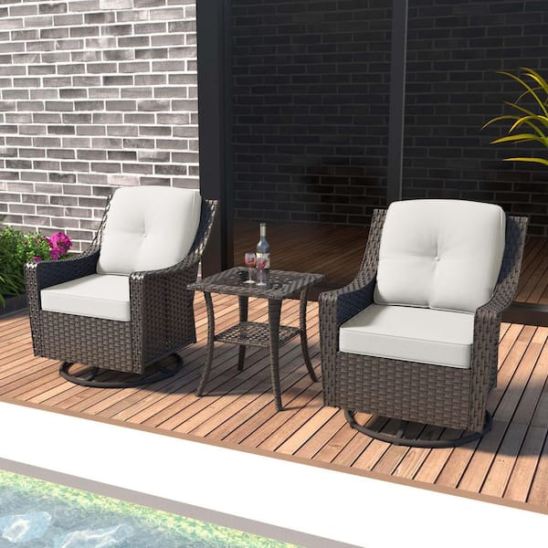 Swivel Wicker Outdoor Lounge Chair with Beige Cushions (3-Pack)