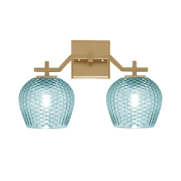 Unbranded Bridgewater 15.75 in. 2 Light Vanity Light New Age Brass with 6 in. Turquoise Textured Glass Shades, No Bulbs Included