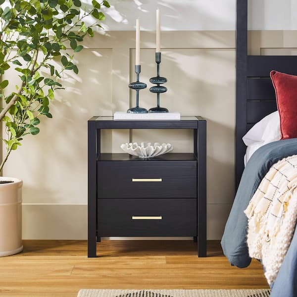 Isla Black Solid Wood Modern 2 Drawer 22 in. W Nightstand