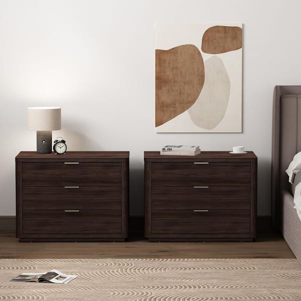 Evelyn Modern Brown 3-Full Extension Drawer 32 in. W Nightstand (Set of 2)