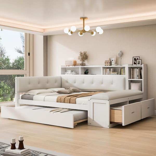 White Full Daybed with Trundle, Storage Shelves, Bench, Charging Station and Upholstered Headboard