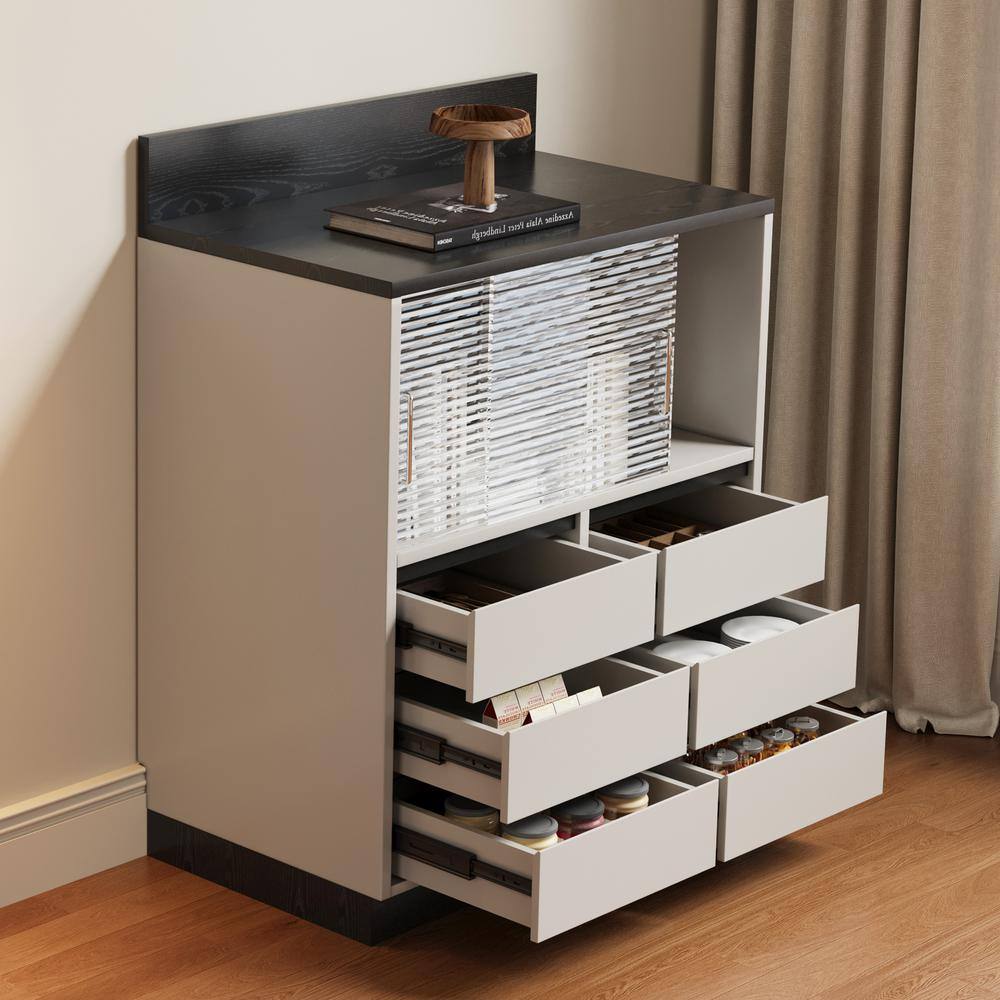 31.49 in. 6 Drawers, MDF vanity table Dresser, modern entryway storage cabinet, beige and black, with 6 Drawers