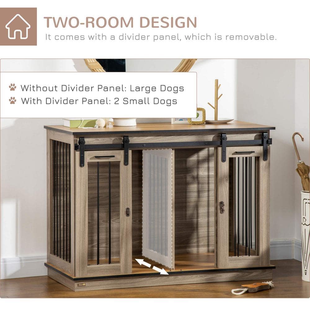 Large Oak Brown Dog Crate End Table with Sliding Doors