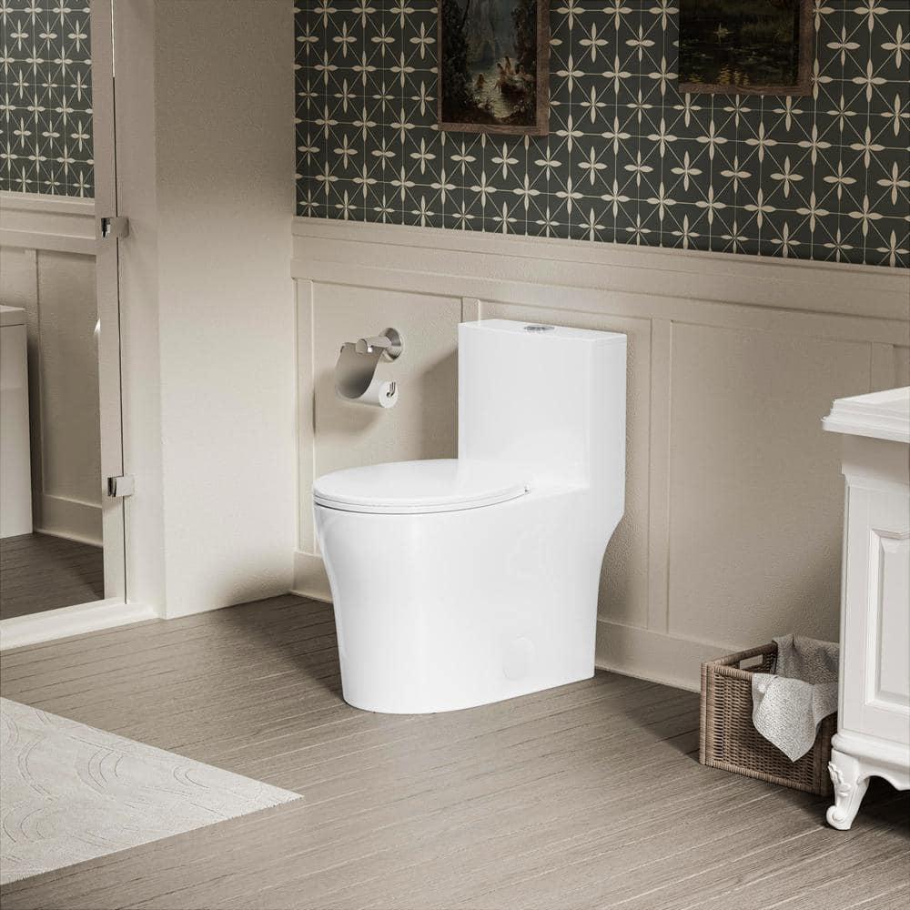 Gloss White Round One-Piece Dual Flush Toilet with Soft Close Seat