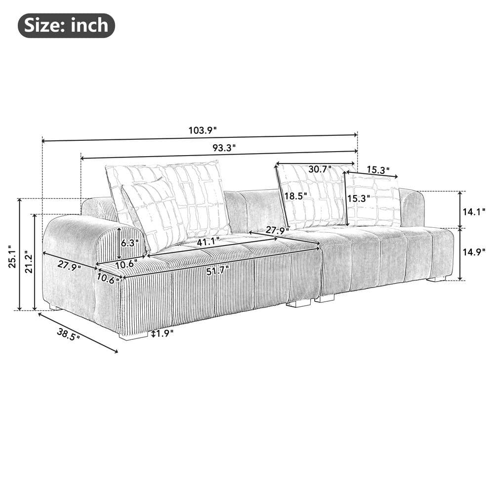 103.9" Black Corduroy Fabric Lawson Sofa with Wood Legs