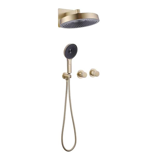 AIMADI Double Handle 3-Spray Wall Mount Shower Faucet 6.1 GPM with Ceramic Disc Valves Brass Shower System in Brushed Gold