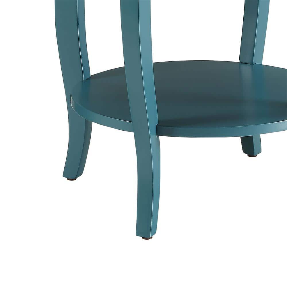Teal Round Wooden Aberta Side Table with Stylized Legs and Shelf