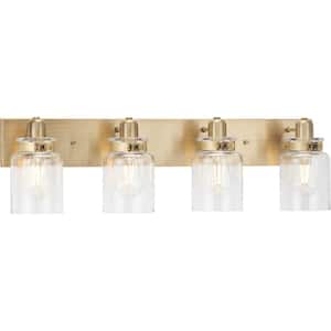 Calhoun Collection 30-1/4 in. 4-Light Gold Vintage Brass Clear Glass Farmhouse Urban Industrial Bathroom Vanity Light