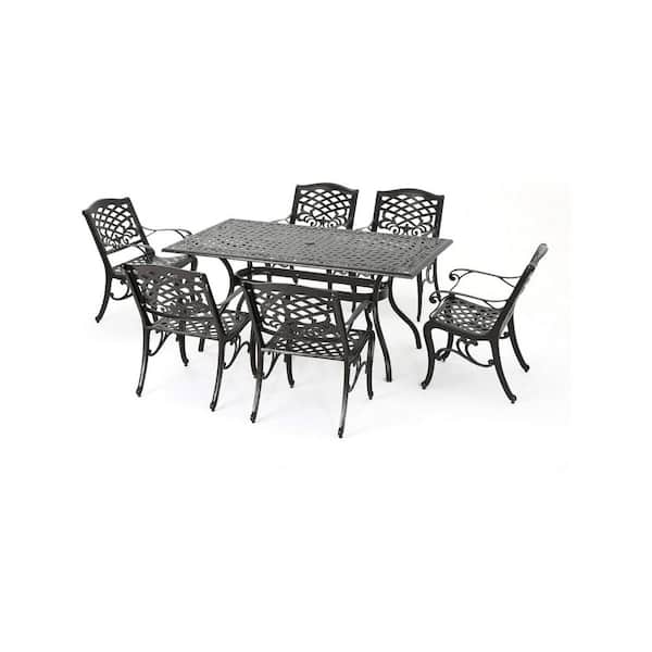 Black 7-Piece Metal Rectangular Outdoor Dining Set with 6 Chairs