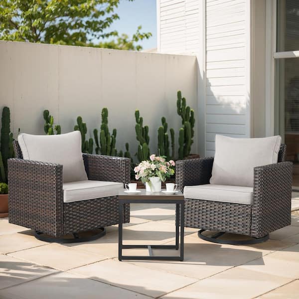 Opohoro U-Weave 3-Piece Brown Wicker Swivel Outdoor Rocking Chairs Patio Conversation Set with Olefin Beige Cushions