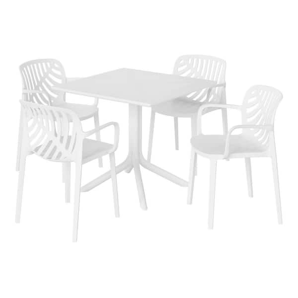 WESTIN OUTDOOR Frond and Form Modern Outdoor Patio Poly Plastic 5-Piece Square Table Dining Set w/ 4-Stackable Chairs in White