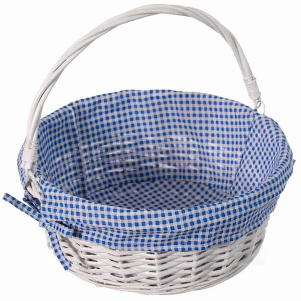 WICKERWISE Traditional White Round Willow Gift Basket with Blue and White Gingham Liner and Sturdy Foldable Handles, Medium