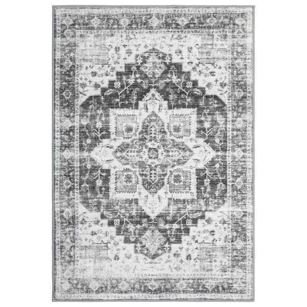 Grey 8 ft. x 10 ft. Washable Distressed Floral Vintage Persian Area Rug
