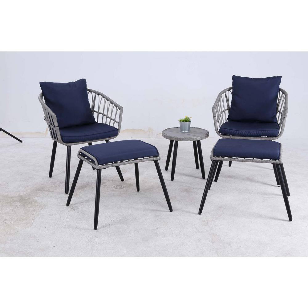 Gray 5-Piece Wicker Outdoor Patio Conversation Set with Navy Blue Cushions and Wood Side Table for Outside, Backyard price history on PriceWatchPro