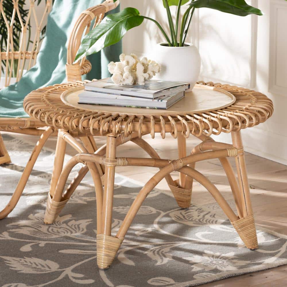 Elani 31" Natural Brown Round Rattan and Wood Coffee Table