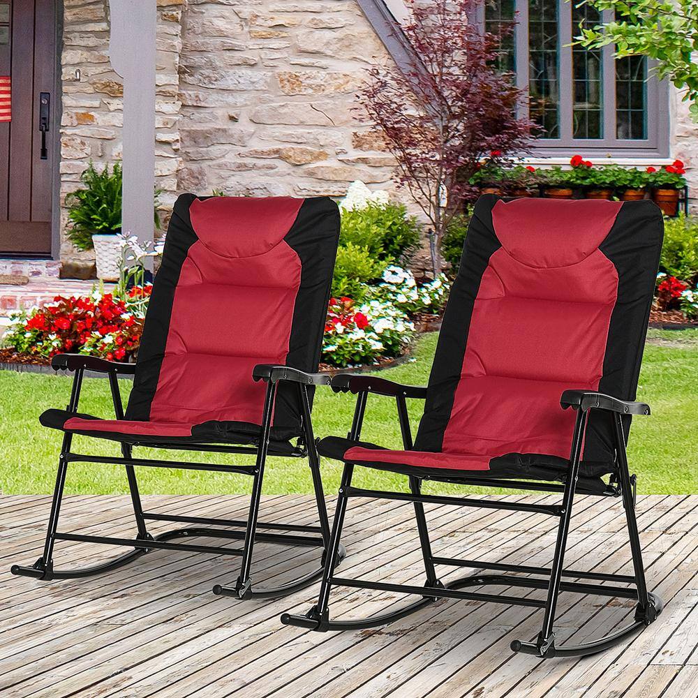 Outsunny Red and Black Steel Padded Rocking Chairs Set