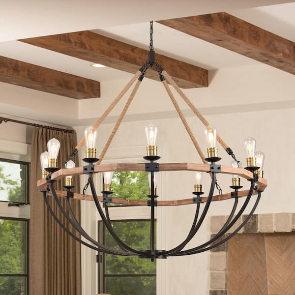 12 Light Farmhouse Chandeliers for Dining Room Light Fixture 48" Rustic Wood Chandelier Industrial Black Pendant Light