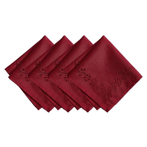 Threadmade Home Poinsettia Noel Laser Cut Napkins, Set of 4, Red - 17"W x 17"L