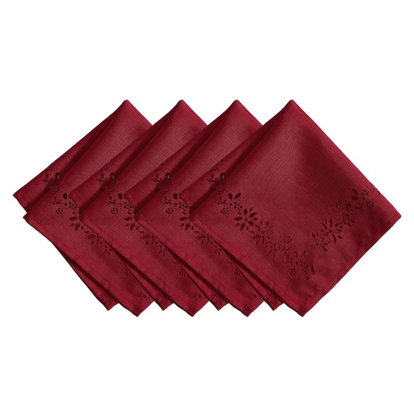 Threadmade Home Poinsettia Noel Laser Cut Napkins, Set of 4, Red - 17"W x 17"L